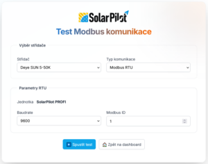 Formulář pro spuštění testu komunikace