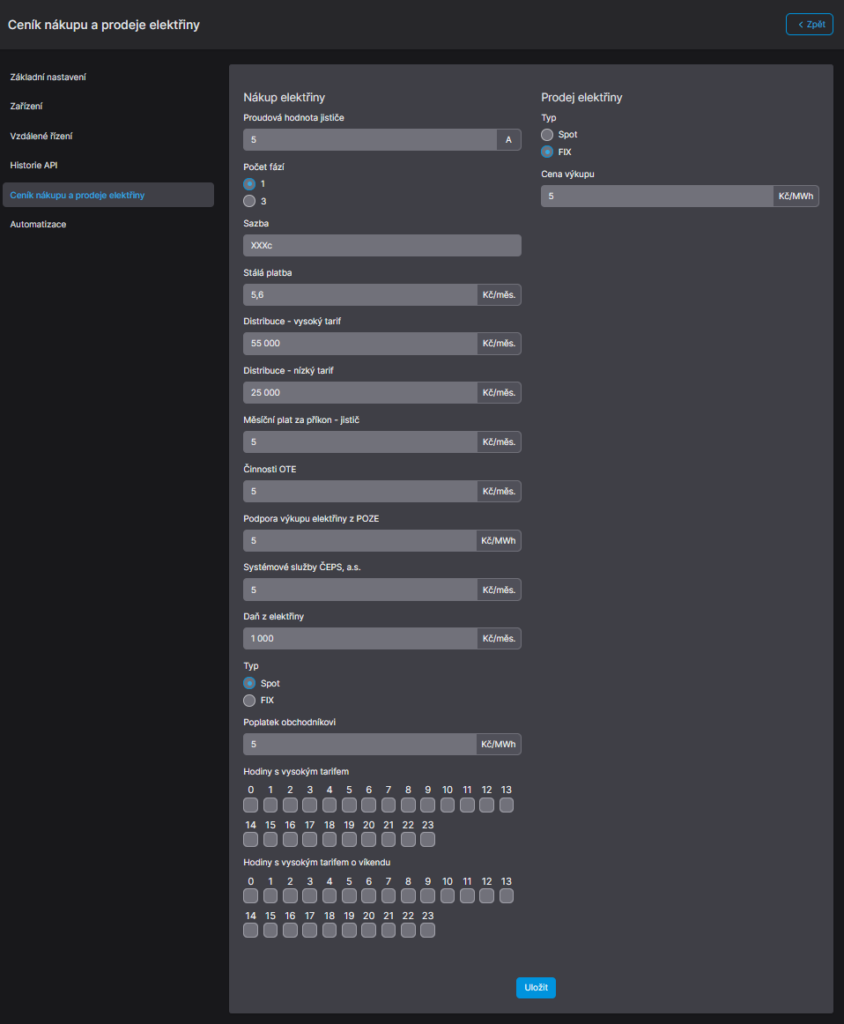 Obrázek 4 – Formulář ceníku nákupu a prodeje elektřiny