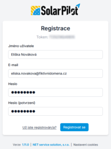 Vyplněné registrační údaje uživatele