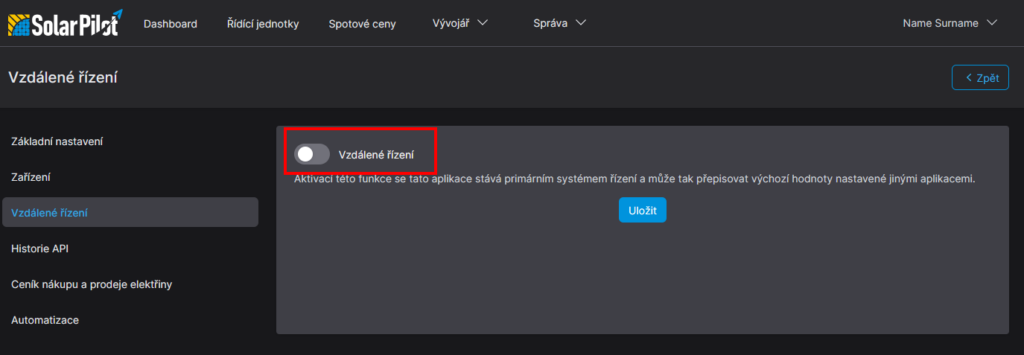 Obrázek 1 – Nastavení vzdáleného řízení pomocí systému SolarPilot