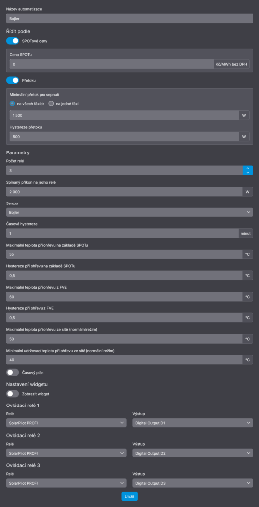 Příklad nastavení automatizace pro ohřev bojleru