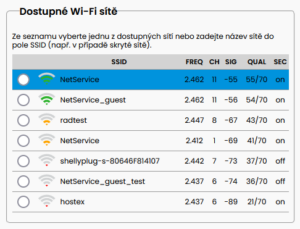 Výběr z dostupných Wi-Fi sítí