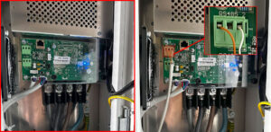 Reálné zapojení komunikačního kabelu (port RS485_2). Vlevo výchozí stav, vpravo zapojený komunikační kabel.