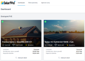 Přehled dostupných elektráren na stránce Dashboard