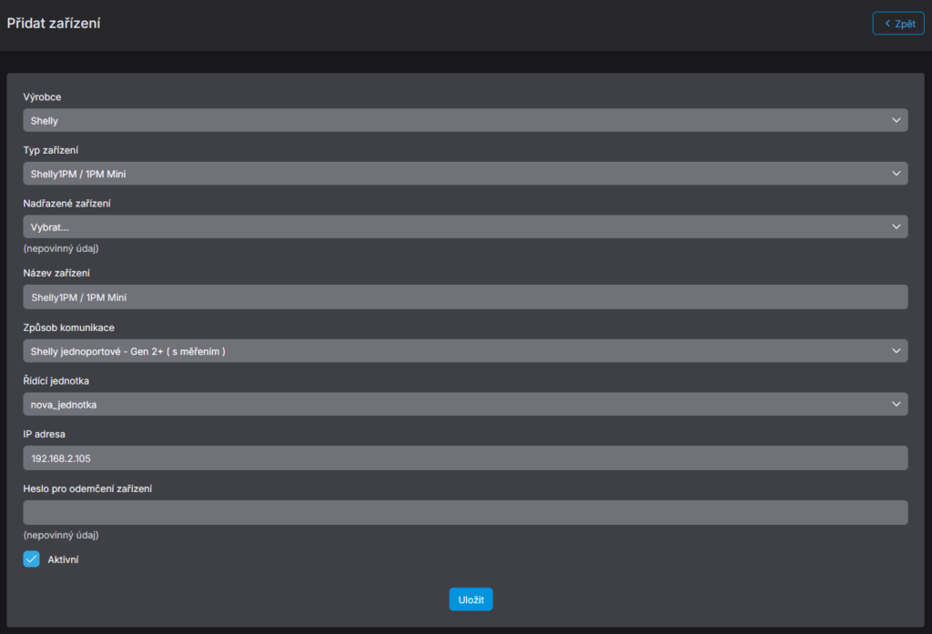 Obrázek 1 – možnost přidat k elektrárně podporovaná zařízení od výrobce Shelly
